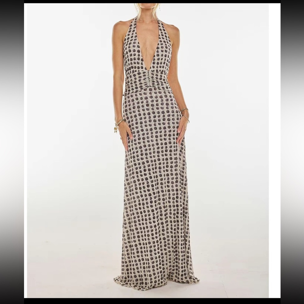 Elegant Polka Dot Halter Maxi Dress